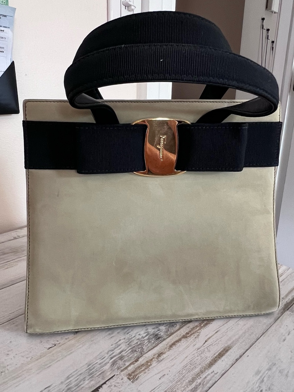 Salvatore Ferragamo Two-Tone Sage Green/Black Suede Top Handle Bag.